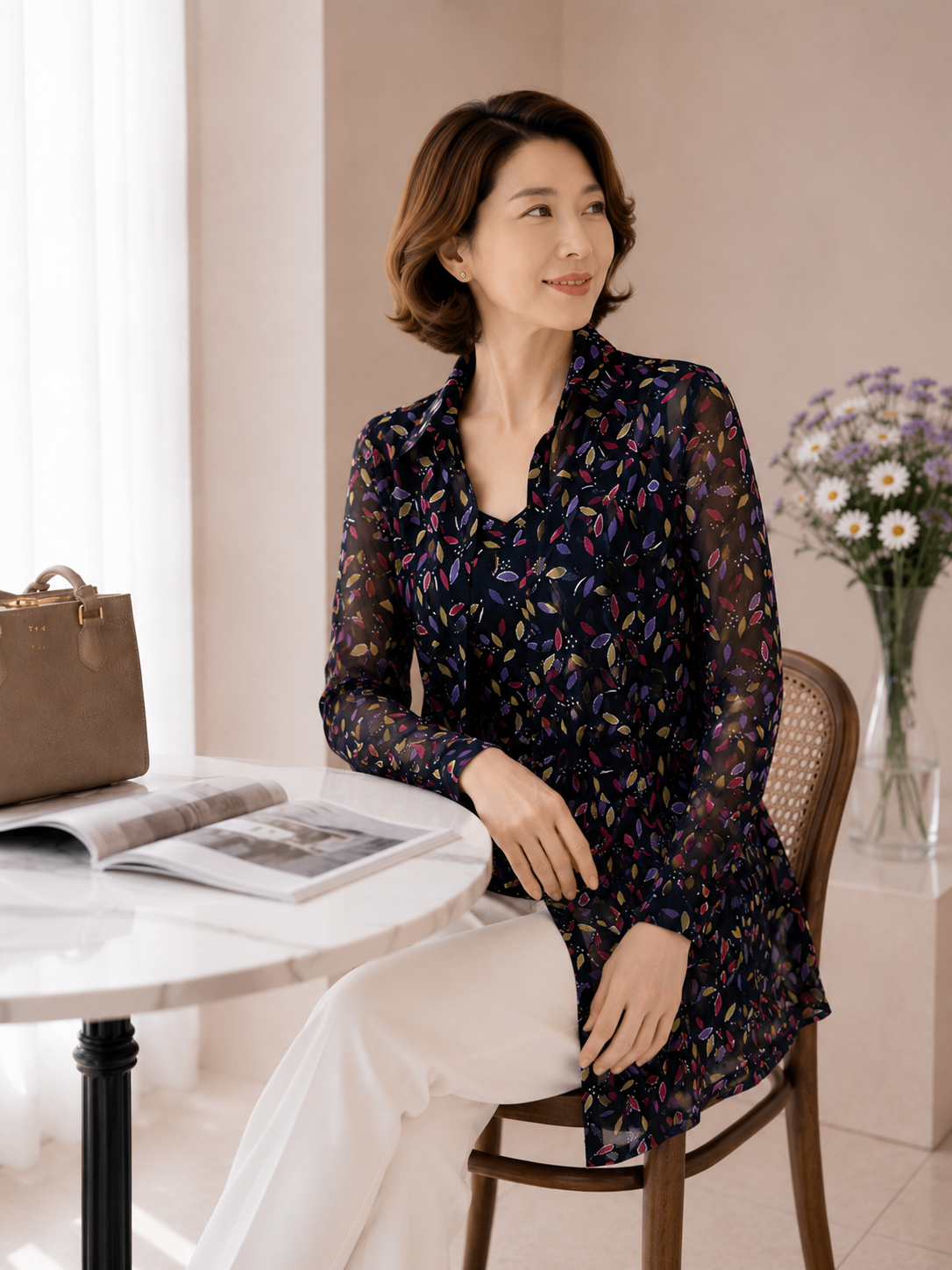 마담드레드 중년 여성 여름 플라워 쉬폰 남방 블라우스 체형커버 셔츠 - 상세 이미지 2