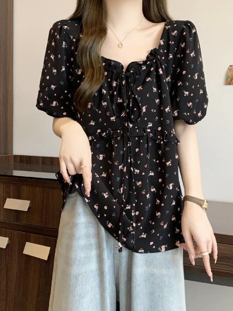 플라워 블라우스 반팔 프렌치 빅사이즈 여름 데일리 캐주얼 - 상세 이미지 4