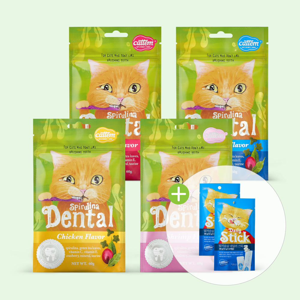 캣템 스피루리나 덴탈 이빨과자 고양이 치석제거간식 치킨 60g 8개+캣템 데일리스 닭4p - 상품 이미지