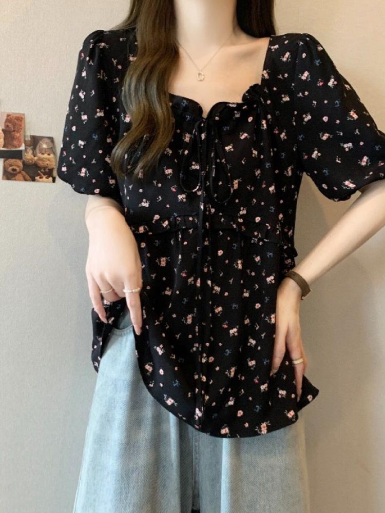 플라워 블라우스 반팔 프렌치 빅사이즈 여름 데일리 캐주얼 - 상세 이미지 2