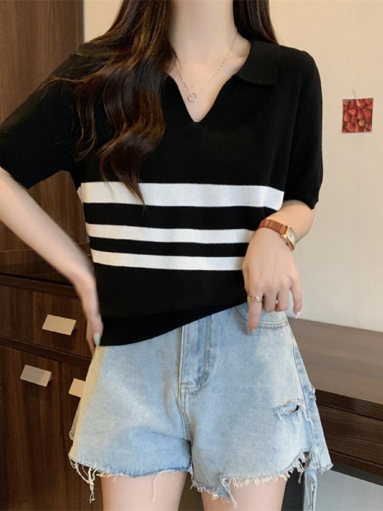 여성 스트라이프 티셔츠 반팔 카라 폴로 루즈핏 빅사이즈 - 상세 이미지 3
