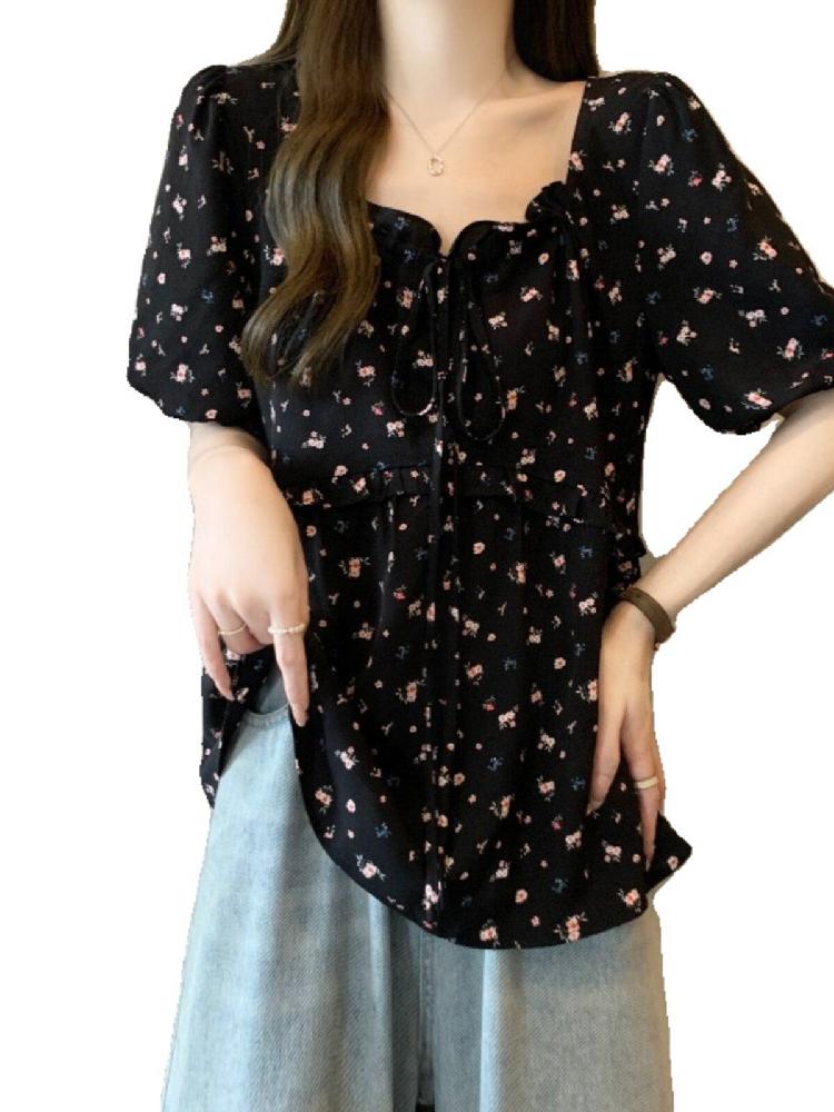 플라워 블라우스 반팔 프렌치 빅사이즈 여름 데일리 캐주얼 - 상세 이미지 5