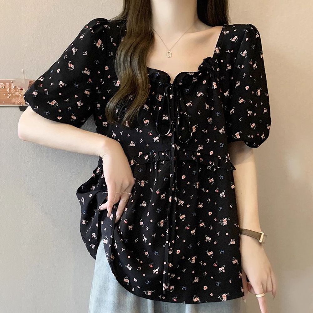 플라워 블라우스 반팔 프렌치 빅사이즈 여름 데일리 캐주얼 - 상품 이미지