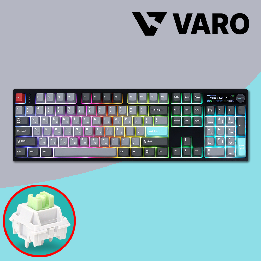 VARO 무선 기계식키보드 V104K 블랙 노브+LCD, 저소음 민트축 - 상품 이미지