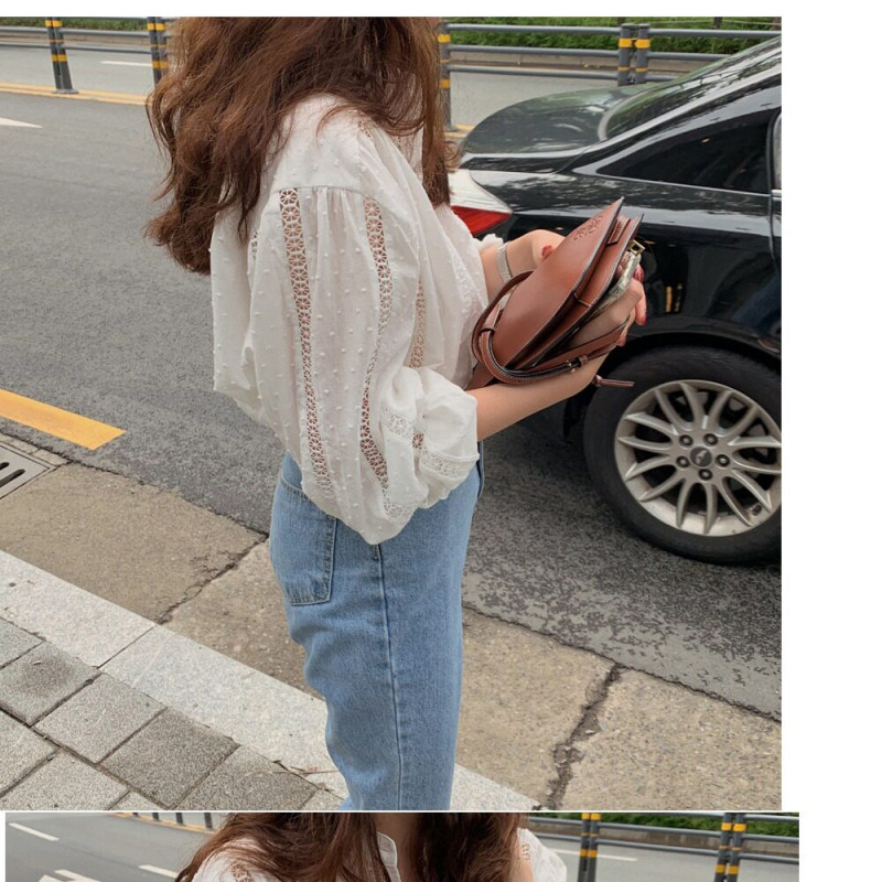 펀칭 레이스 셔츠 스트라이프 카라넥 아일렛 민소매 여름 프릴 흰블라우스 블라우스 셔링 - 상세 이미지 5
