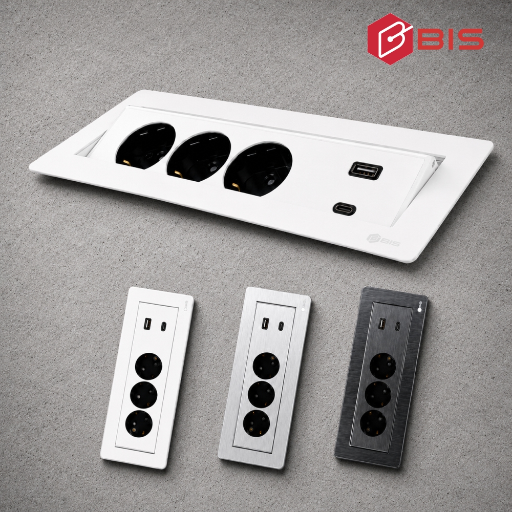 BIS 빌트인콘센트 테이블 가구매립 3구 콘센트 USB 고속충전 BID-N203MF 화이트 - 상품 이미지