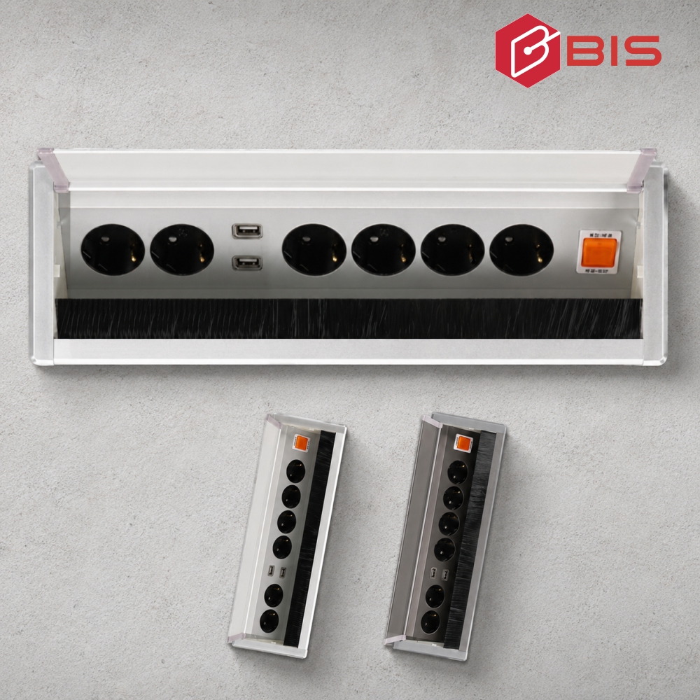 BIS 빌트인콘센트 BID-602MF 실버 6구 USB 사무실 가구 식탁 상판 매립 콘센트 - 상품 이미지