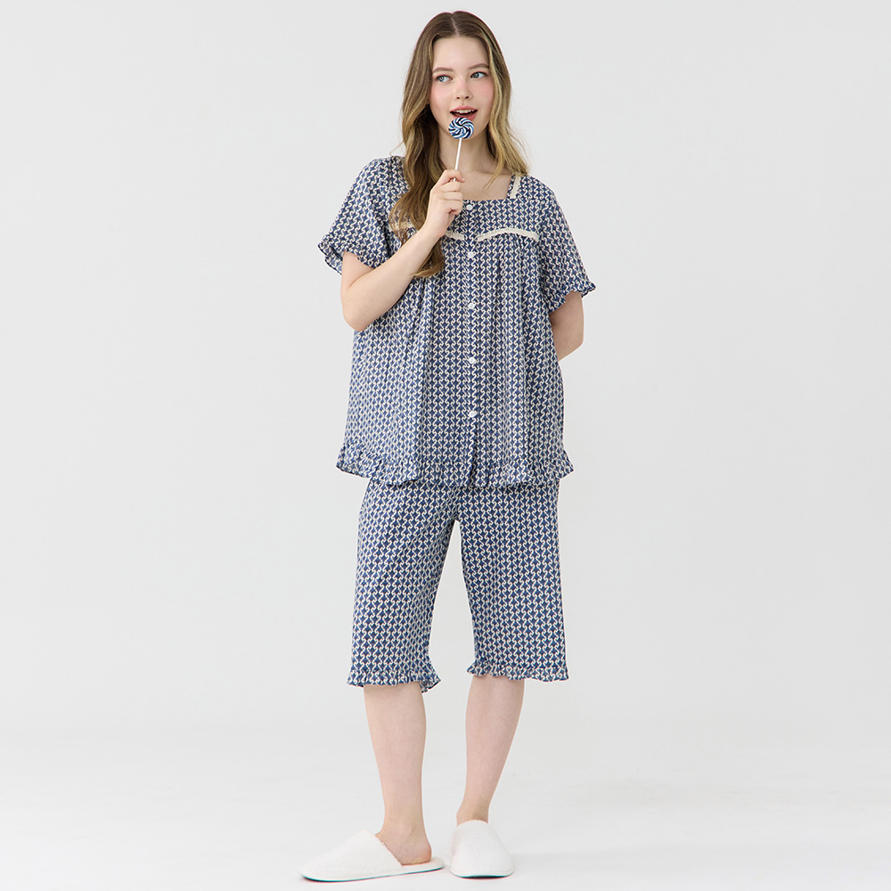 엔틱블루 여성 여름 반팔 아사면 순면 잠옷 파자마 홈웨어 세트 상품 이미지