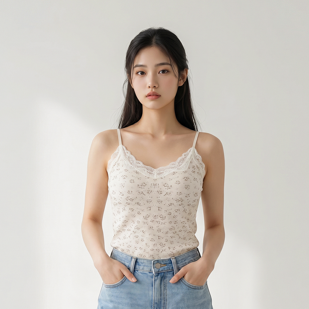 힙핑크 오브 심리스 레이스 브라탑 끈나시 (일체형패드) - 상품 이미지