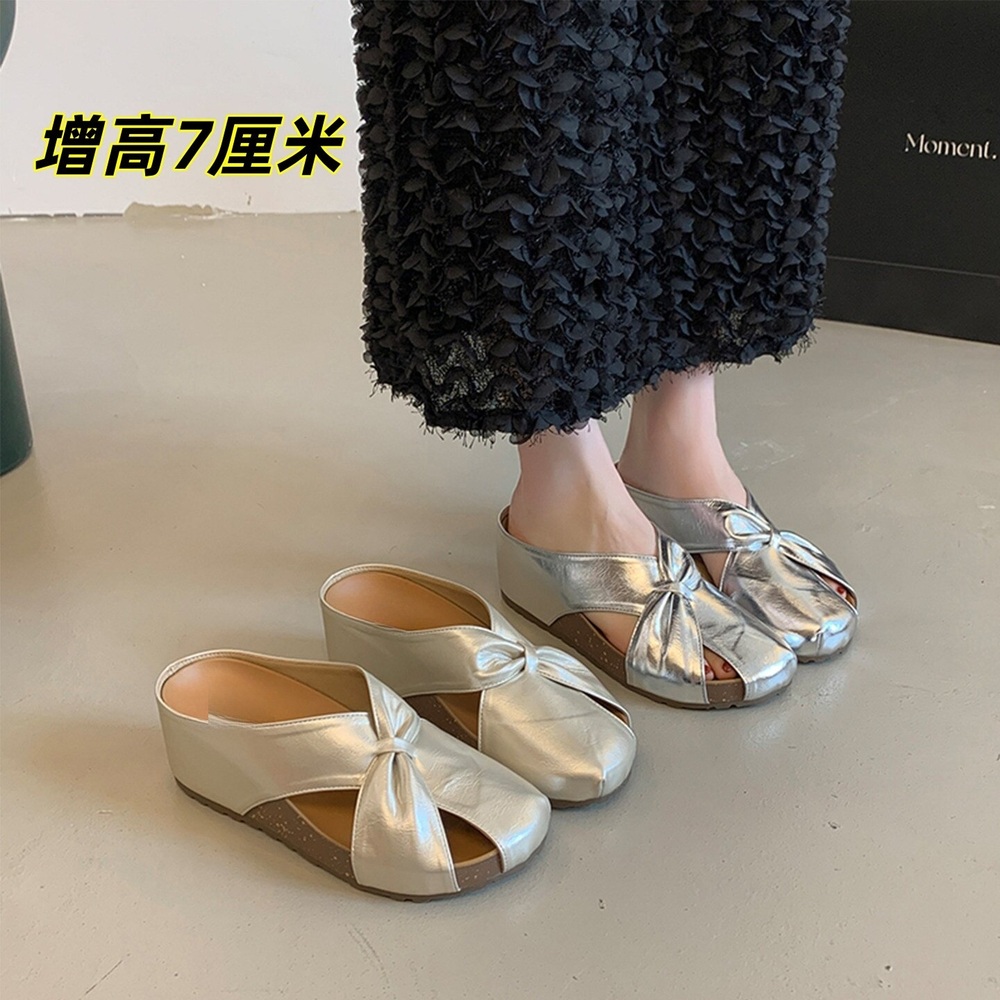 실버슬리퍼 앞막힌슬리퍼 리본슬리퍼 여성뮬 교차끈샌들 여름신상 9CM 키높이 - 상세 이미지 2