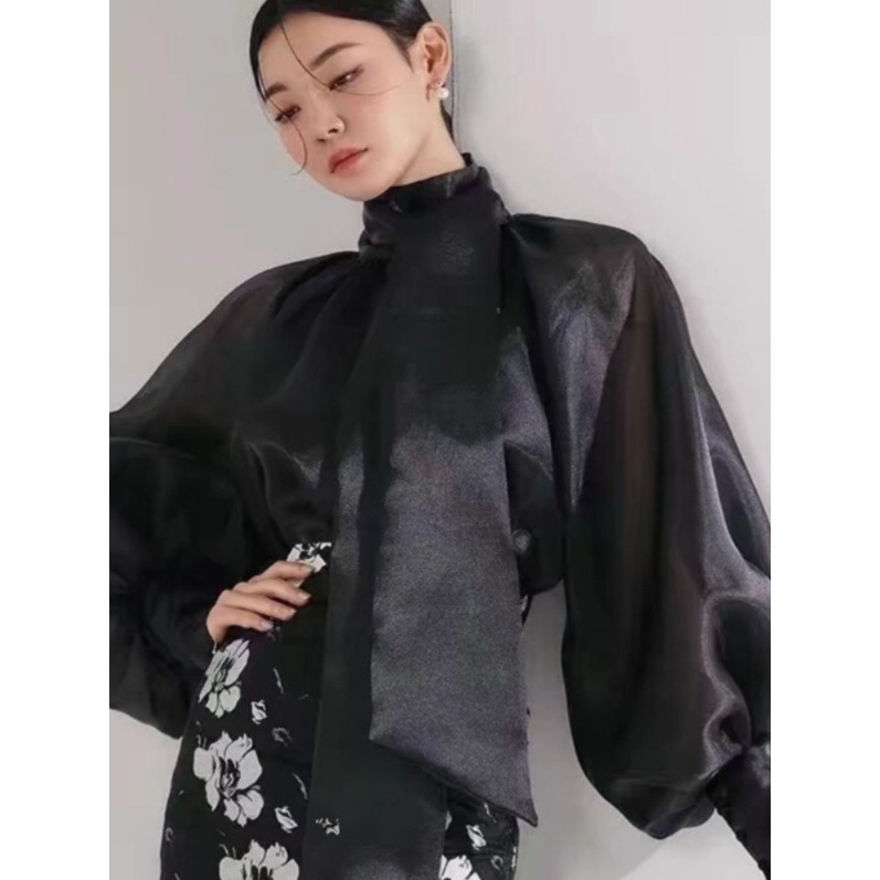 여성 봄 가을 타이 긴팔 셔츠 리본 블라우스 퍼프 소매 루즈핏 메쉬 쉬폰 보타이 화이트 - 상세 이미지 2