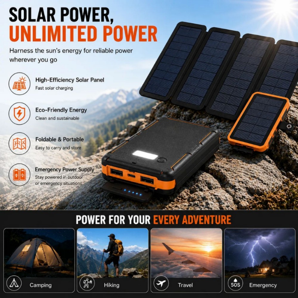 태양광 보조배터리 USB C 휴대용 접이식 패널 LED 포함 하이킹 여행 1 pcs Battery - 상품 이미지