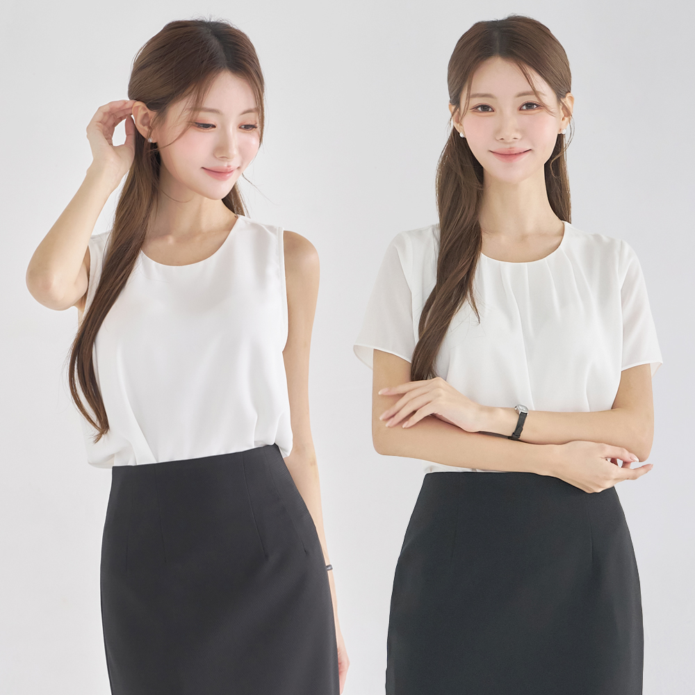 면접블라우스 라운드넥 정장 이너 화이트 블라우스 흰색 흰 쉬폰 셔링 여성블라우스 여름 상품 이미지