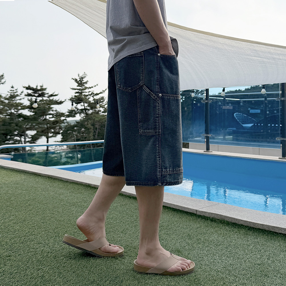 남자 다르 여름 더블니 카펜더 버뮤다 데님 팬츠 - 상세 이미지 5