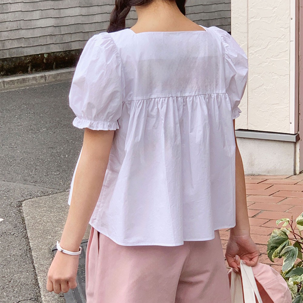 스퀘어넥 퍼프 프릴 플레어 코튼 셔링 블라우스 - 상세 이미지 5