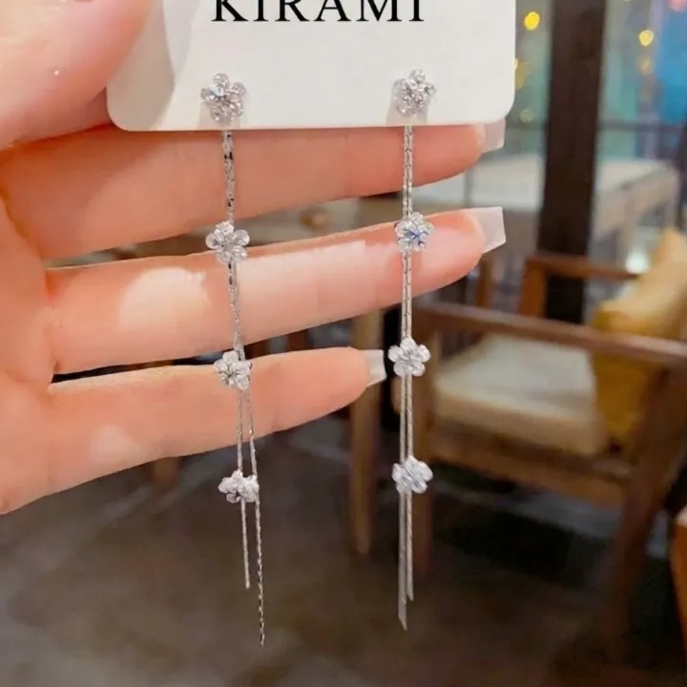14K골드 미니 큐빅플라워 슬림 롱 체인 투웨이 귀걸이 이미지 6