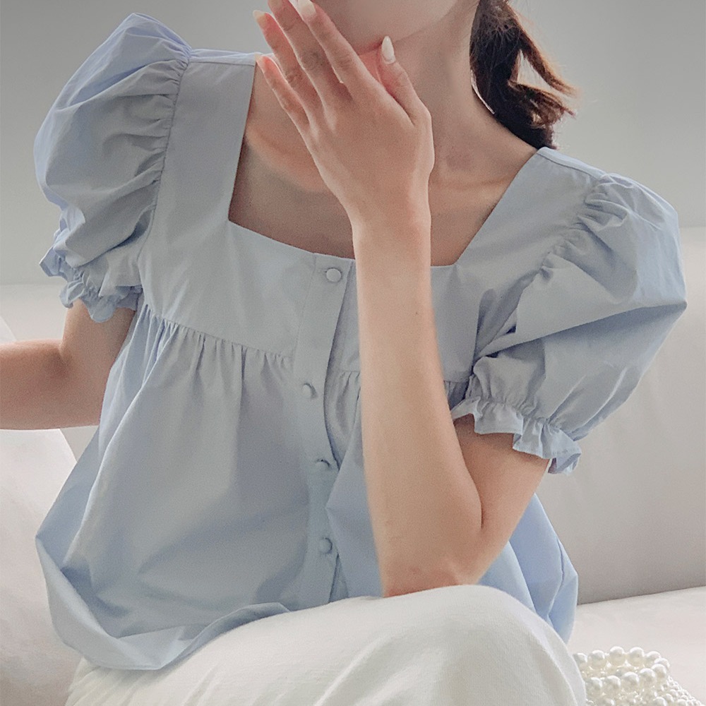 스퀘어넥 퍼프 프릴 플레어 코튼 셔링 블라우스 이미지 8