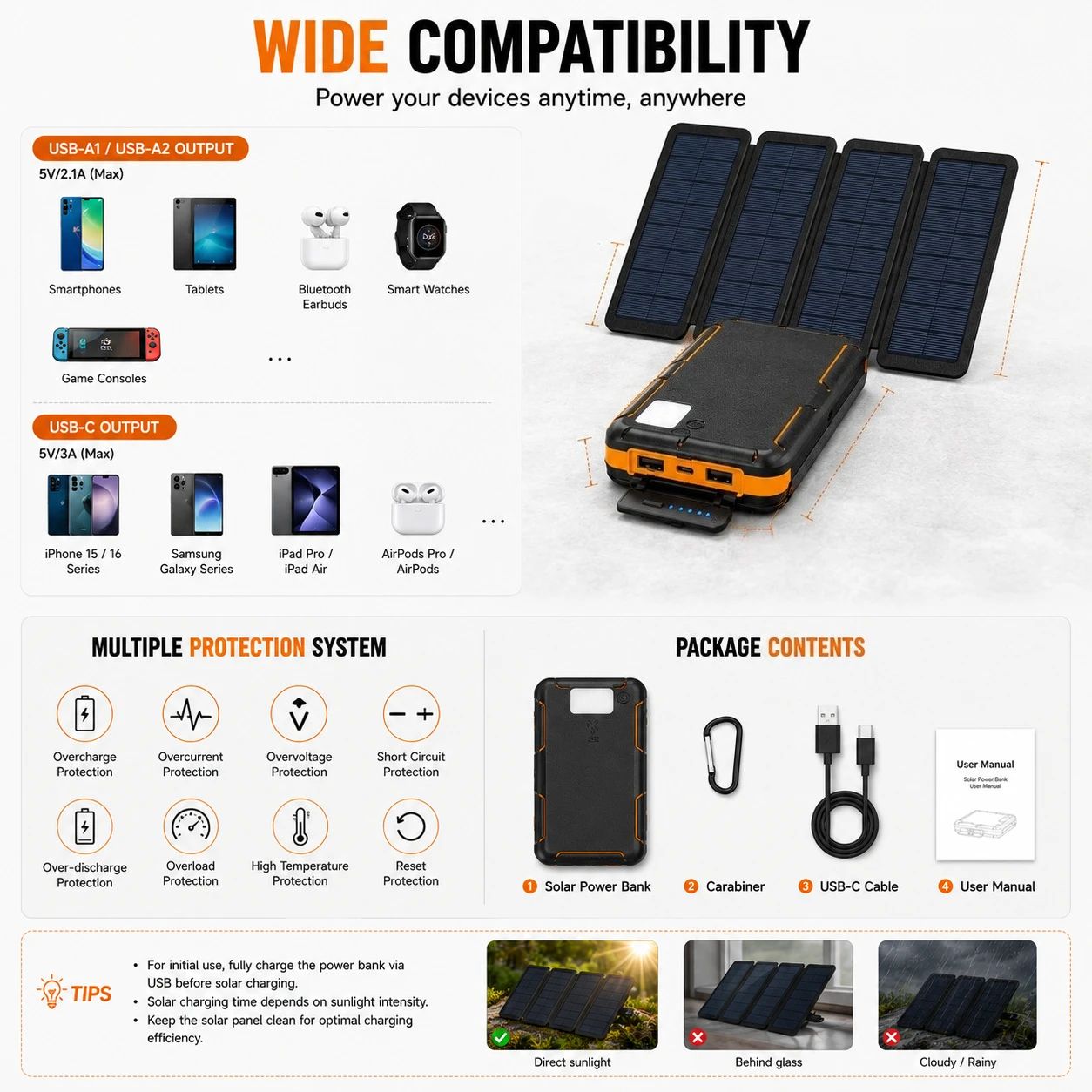 태양광 보조배터리 USB C 휴대용 접이식 패널 LED 포함 하이킹 여행 1 pcs Battery - 상세 이미지 4