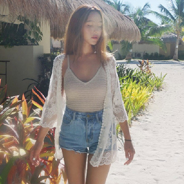 풀 레이스 시스루 여름 가디건 숏 로브 루즈핏 비키니 커버업 비치웨어 - 상품 이미지