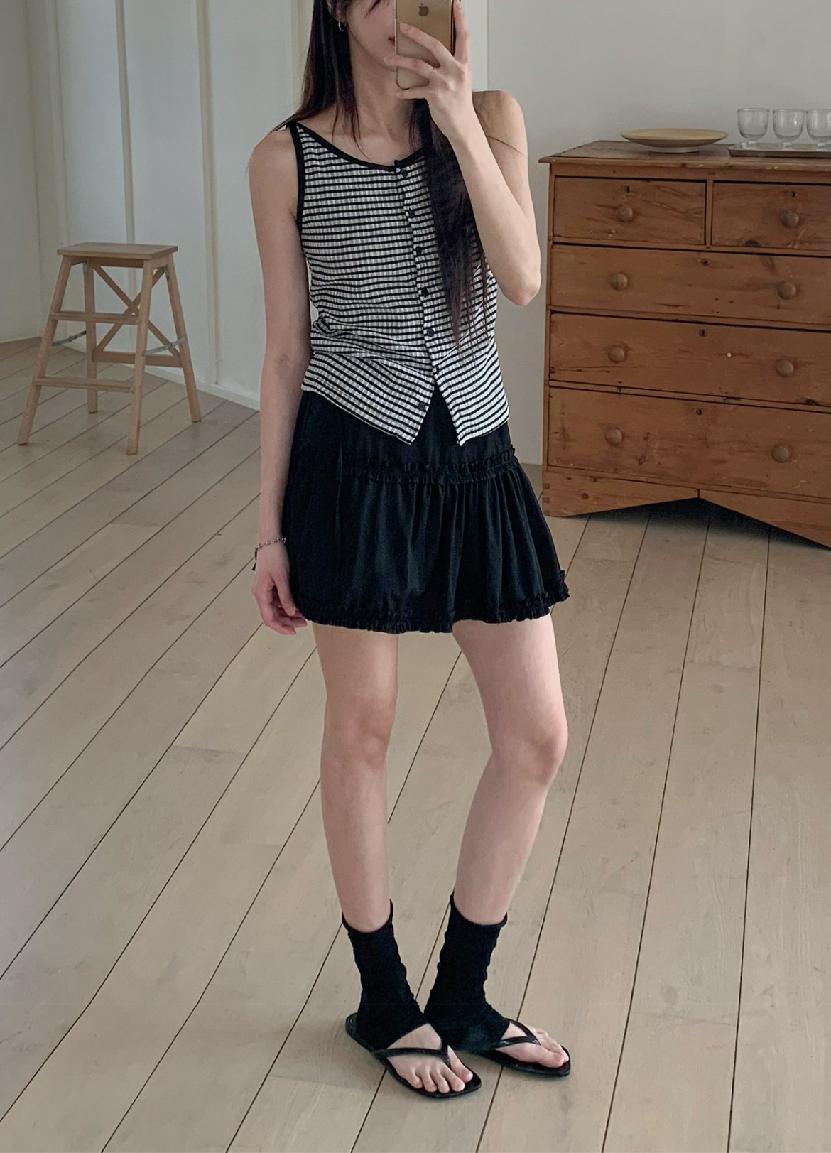 루딘 체크나시 여성 여름 슬리브리스 버튼 이너 레이어드 데일리 이미지 8