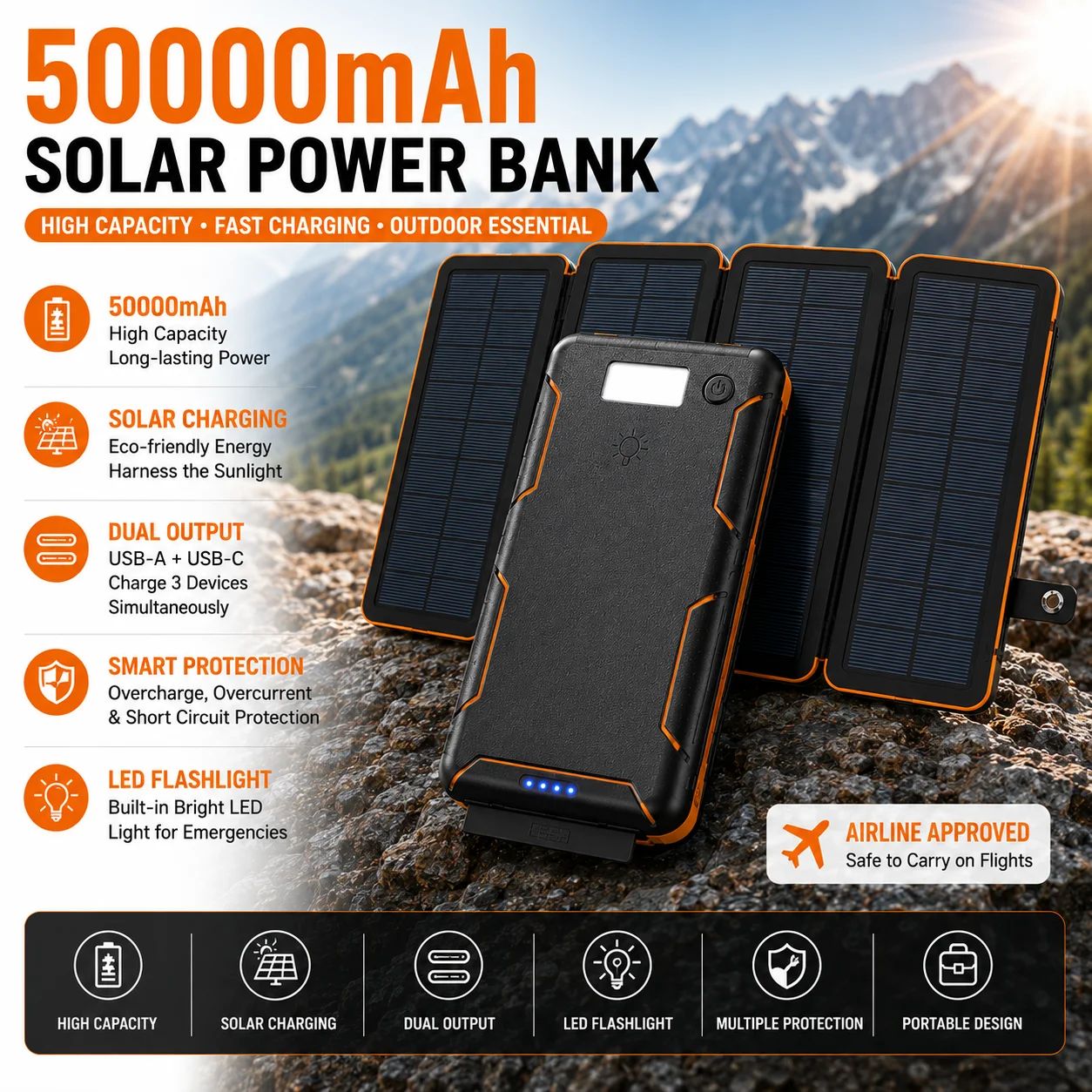 태양광 보조배터리 USB C 휴대용 접이식 패널 LED 포함 하이킹 여행 1 pcs Battery - 상세 이미지 2