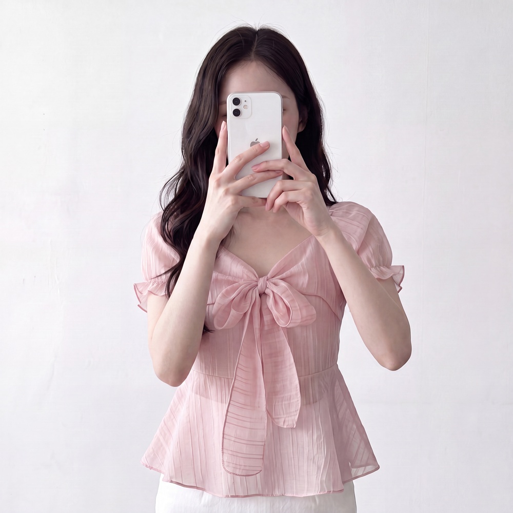 여성 리본 타이 블라우스 반팔 시스루 페플럼 셔링 핑크 하객룩 이미지 8