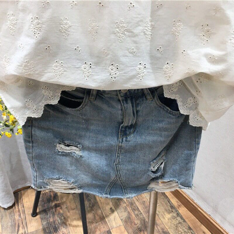 아일렛 블라우스 펀칭 아사면 레이스 라운드 자수 여름 볼륨 베이지 3xl - 상세 이미지 2