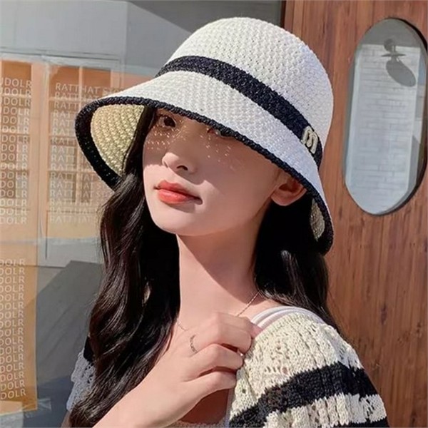 리본 여성 밀짚 버킷 햇 비치 여성 바캉스 모자 여름 - 상품 이미지
