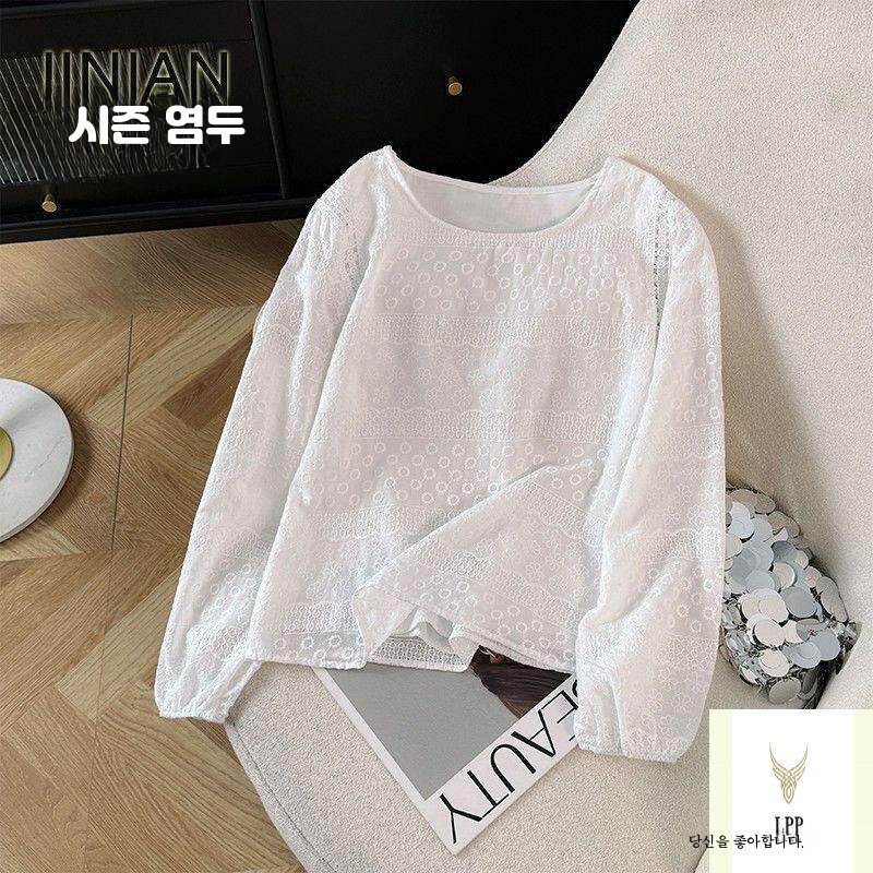 퍼프 블라우스 펀칭 아사면 시어서커 에스닉 자수 벌룬 여름 여성 반팔 봄 긴팔 화이트 3XL 이미지 6