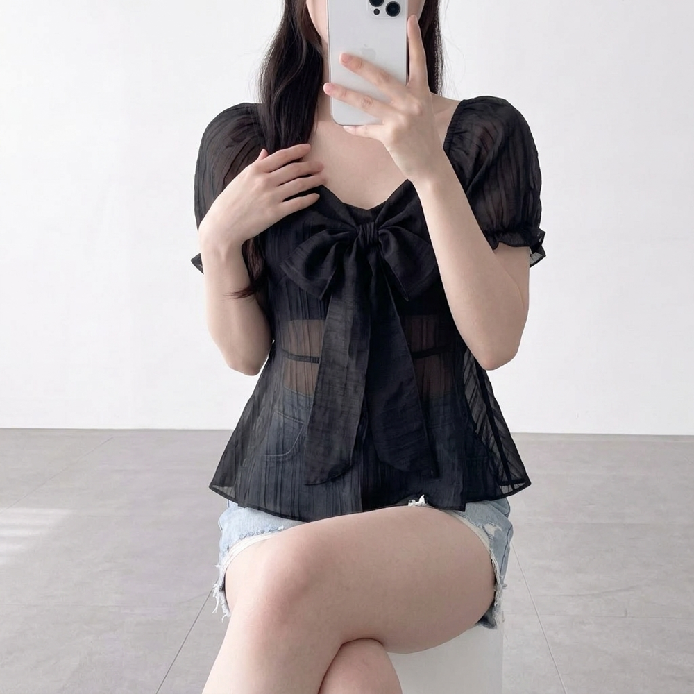 여성 리본 타이 블라우스 반팔 시스루 페플럼 셔링 핑크 하객룩 - 상세 이미지 4