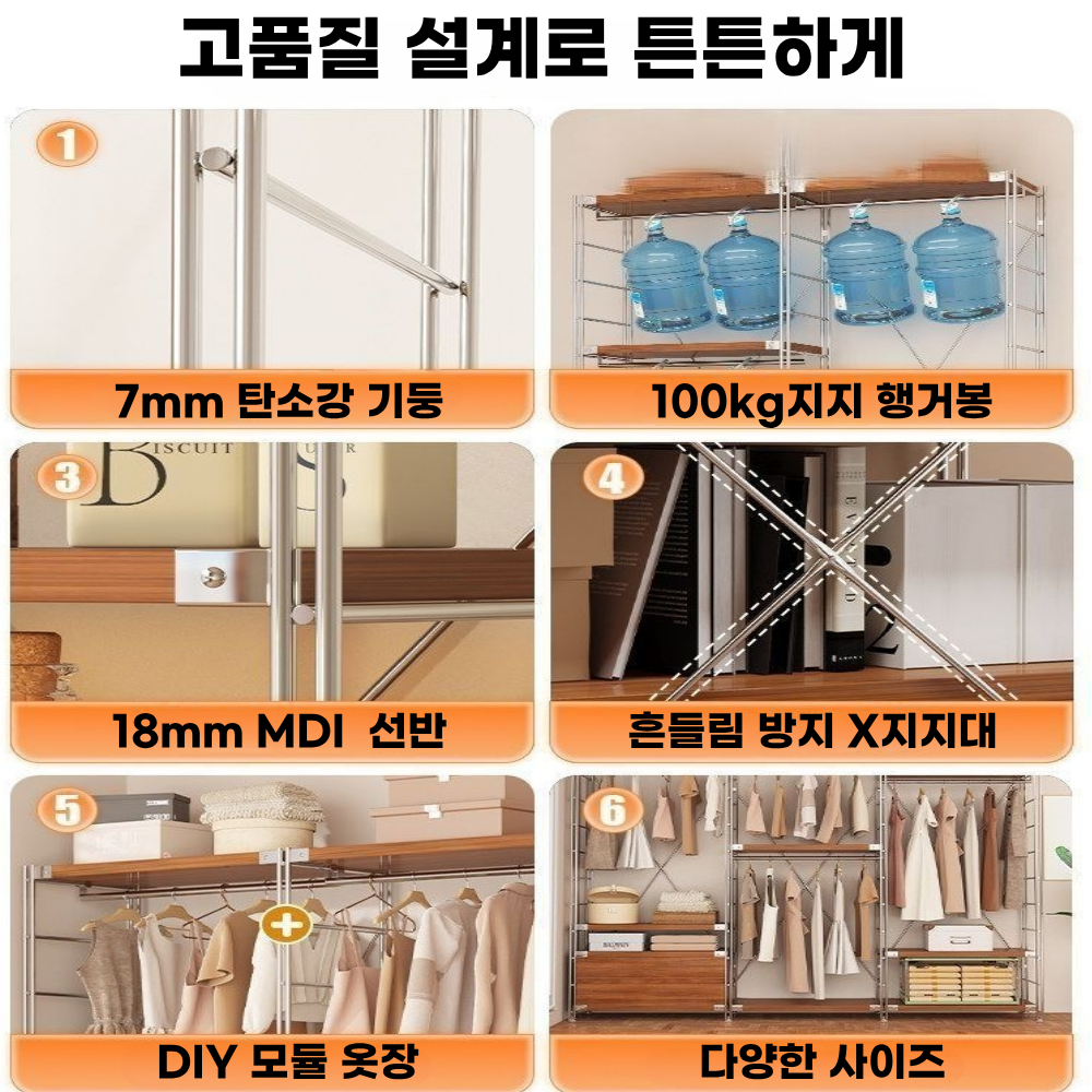 데일리유즈 시스템 행거 드레스룸 튼튼한 철제 옷장 옷걸이 조립식 2단 행거형 폭 60cm - 상세 이미지 5