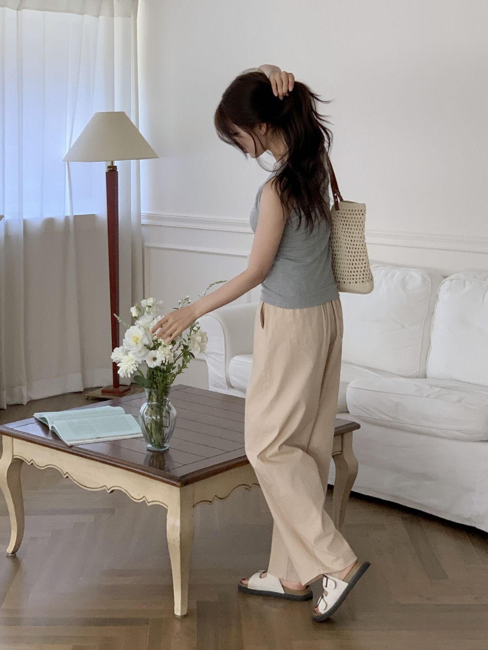 린넨바지 여성여름바지 밴딩 세미 배기 와이드 9부 팬츠 - 상세 이미지 5
