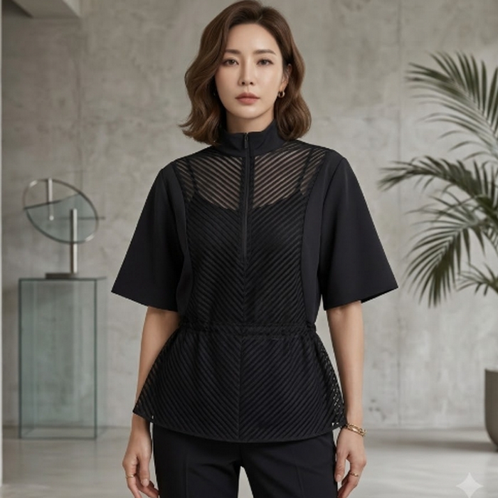 밀레 여성 여름 레이어드 하이브리드 하이넥 집업 반팔 티셔츠 - 상품 이미지