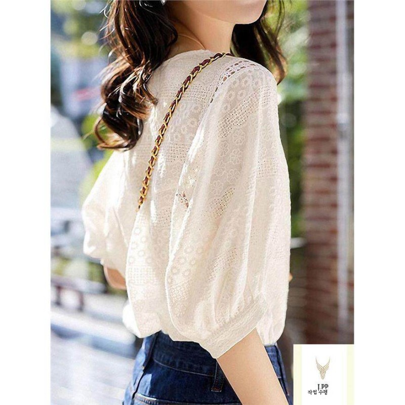 퍼프 블라우스 펀칭 아사면 시어서커 에스닉 자수 벌룬 여름 여성 반팔 봄 긴팔 화이트 3XL - 상세 이미지 4