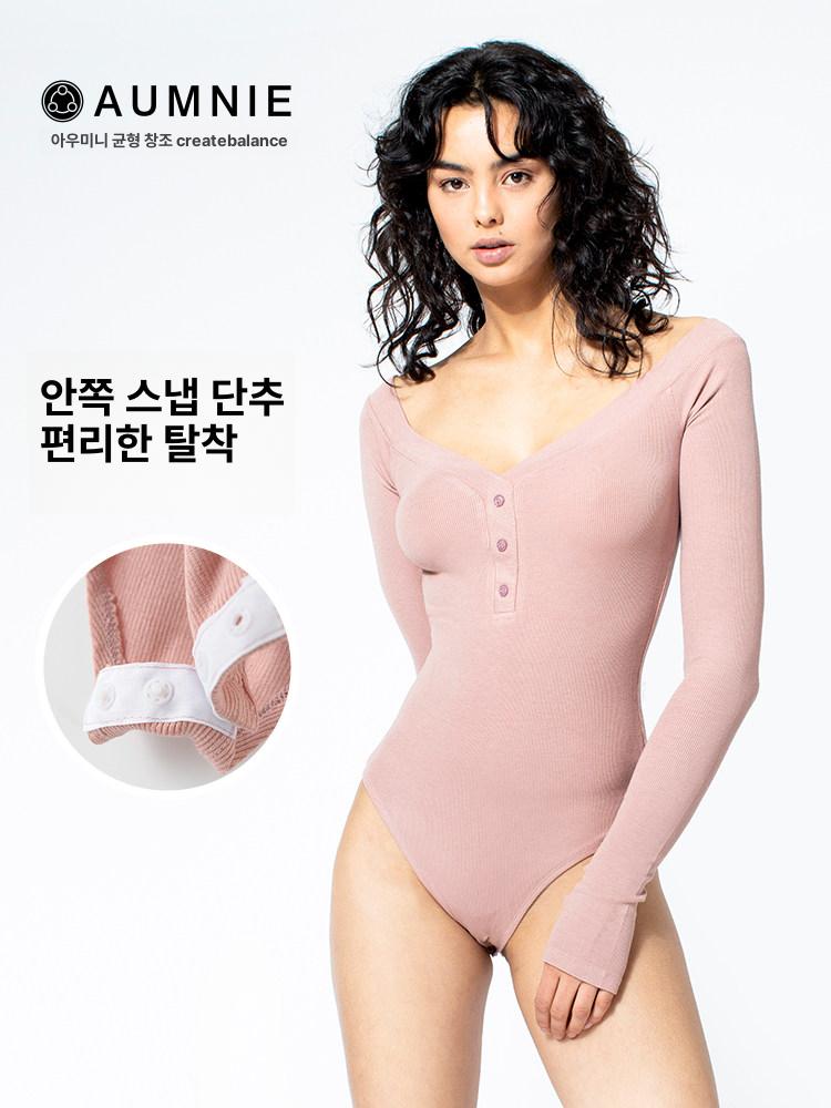 여성 오프숄더 긴팔 바디슈트 슬림핏 골지 바디수트 데일리 섹시 이너티 블랙 S - 상세 이미지 4