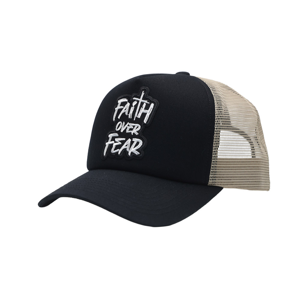 UNFACT FAITH OVER FEAR 오버핏 트러커 메쉬 볼캡 블랙베이지 - 상품 이미지