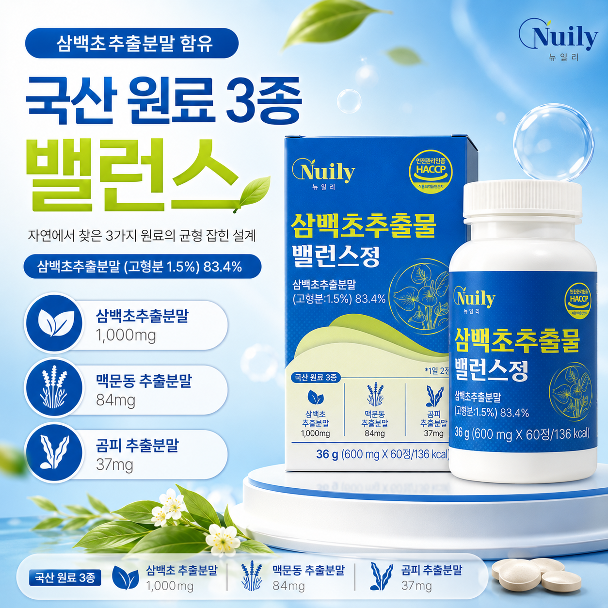 뉴일리 삼백초추출물 밸런스정 국산원료 3종 600mg 60정 - 상세 이미지 4