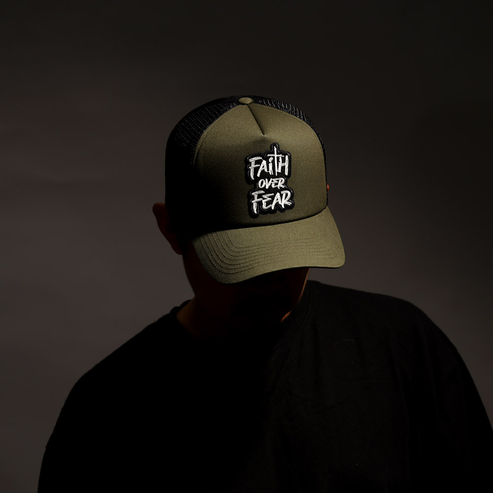 UNFACT FAITH OVER FEAR 오버핏 트러커 메쉬 볼캡 카키 이미지 7