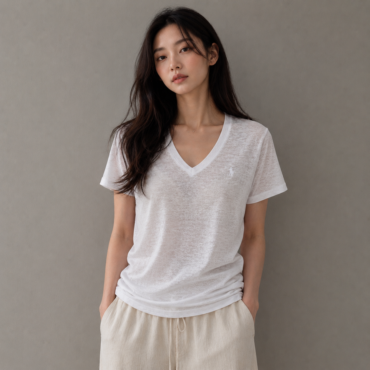 폴로 랄프로렌 여성 린넨 브이넥 반팔 티셔츠 - 상품 이미지