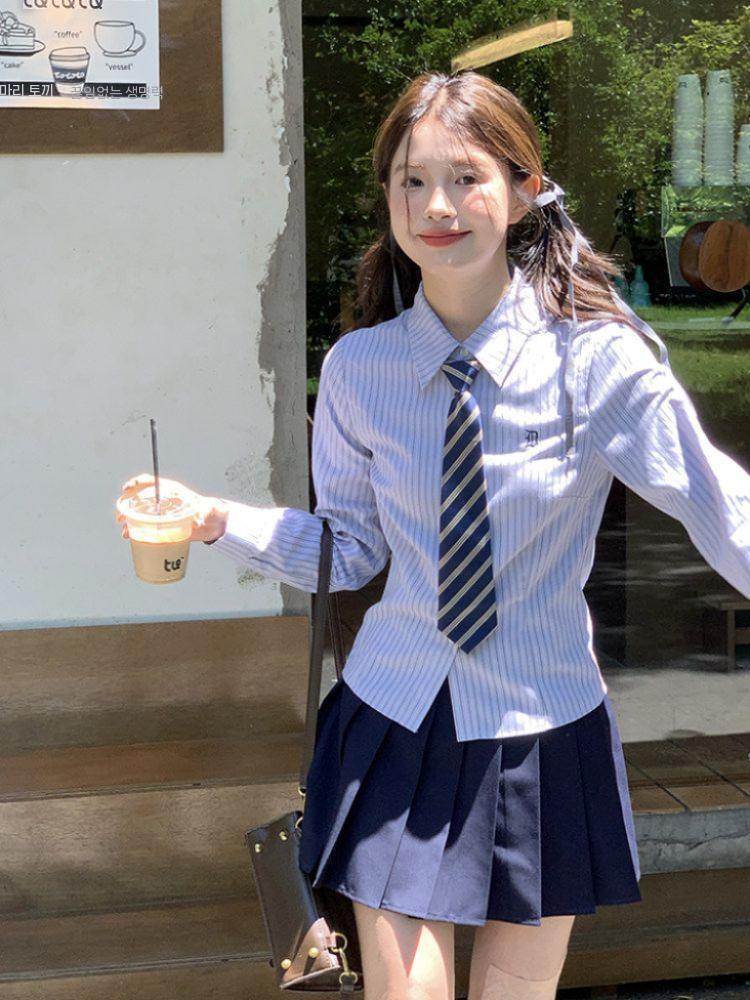 셔츠 셋업 치마 여학생 짧은 교복 세트 유니폼 투피스 스커트 스타일 이미지 6