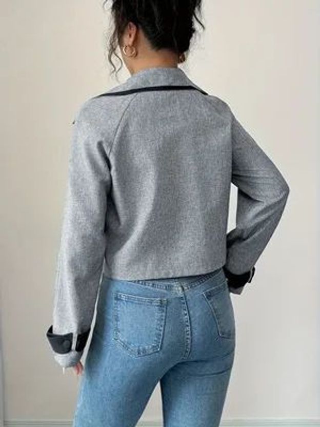 가을 통근 스트릿 패션 대형 칼라 미니 롱슬리브 자켓 셔츠 회색 L - 상세 이미지 3