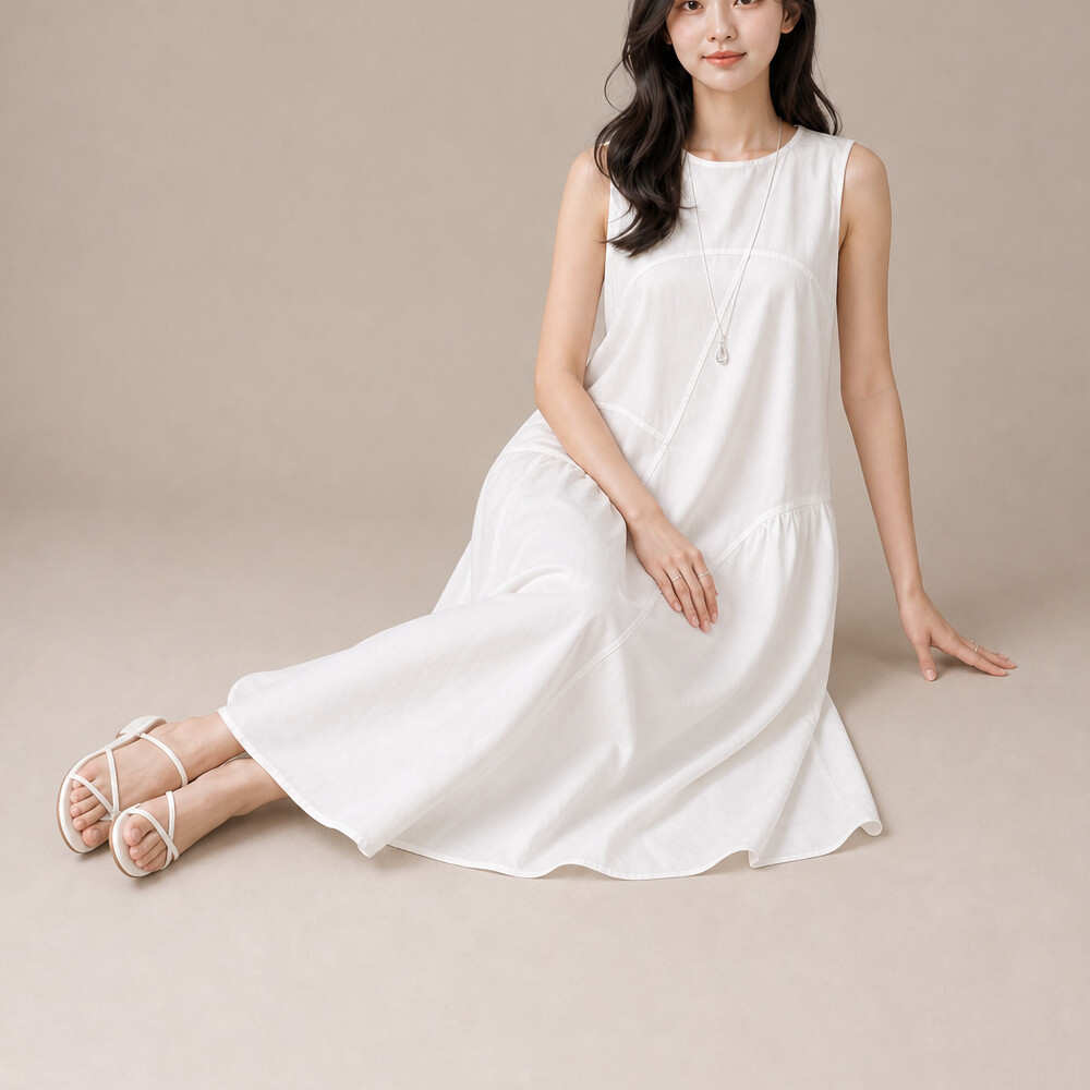 바스락 민소매 롱원피스 여름 면100 셔링 A라인 이미지 7