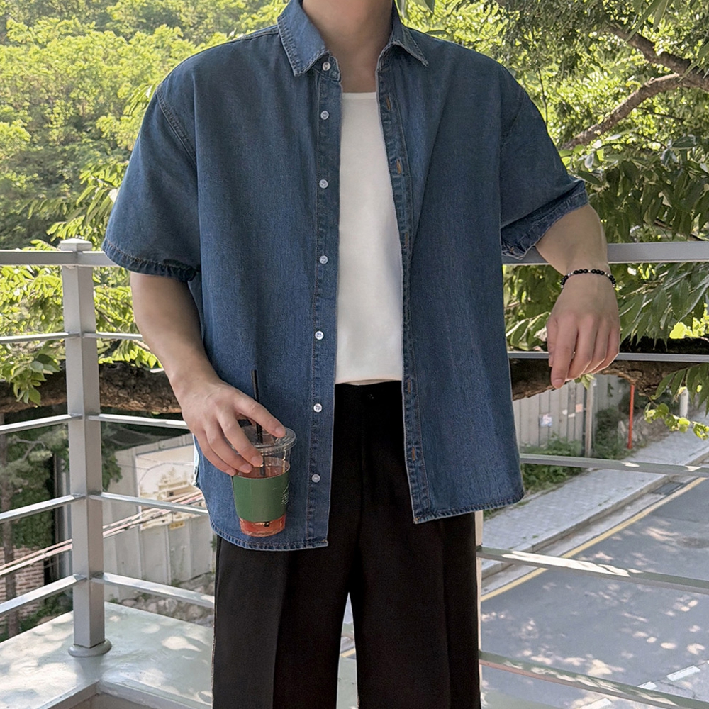 남자 르샨 오버핏 여름 워싱 데님 반팔 셔츠 빅사이즈까지 - 상세 이미지 5