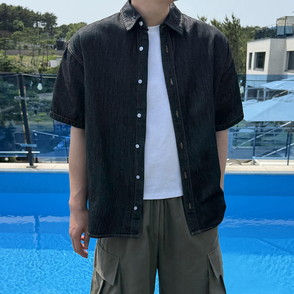 남자 르샨 오버핏 여름 워싱 데님 반팔 셔츠 빅사이즈까지 - 상품 이미지
