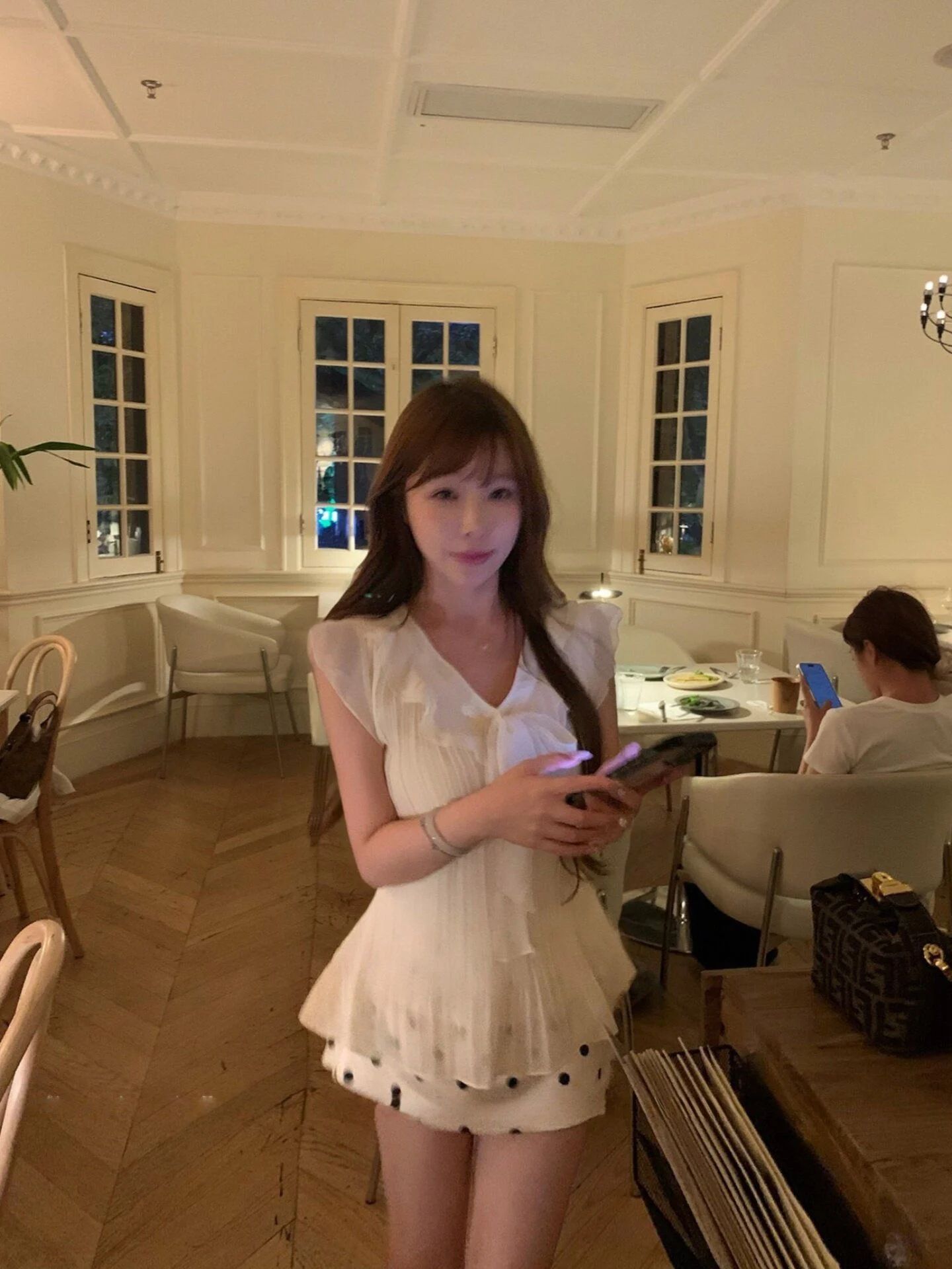 브이넥 퍼프소매 반팔 셔츠 여름 슬림핏 레이스 트림 블라우스 하얀색 M - 상세 이미지 5