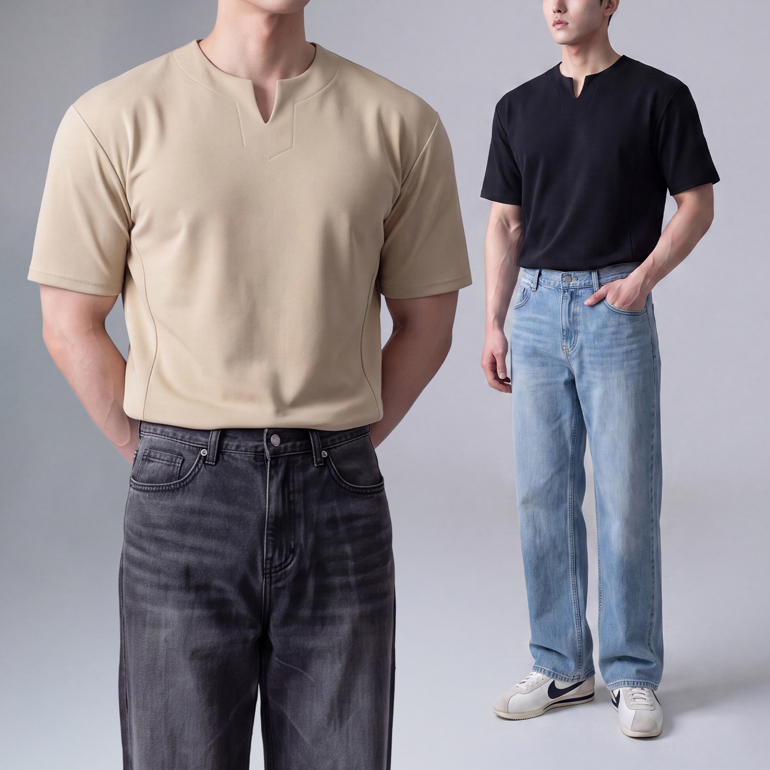 1+1 슬릿넥 남성쿨티셔츠 두꺼운반팔티 남자브이넥반팔티 - 상품 이미지