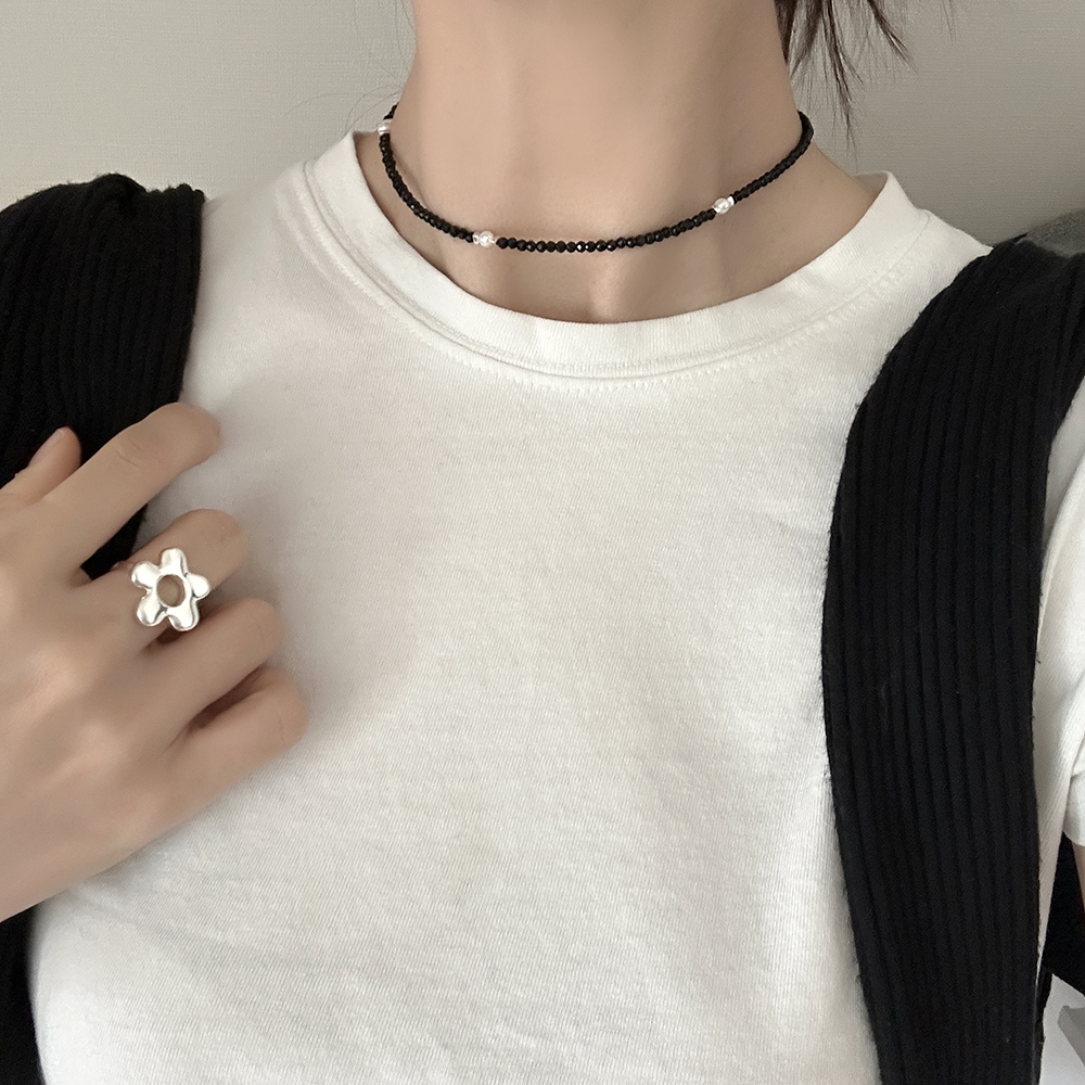 silver925 블랙 스피넬 비즈 진주 포인트 목걸이 실버925 레이어드 초커 데일리 이미지 7