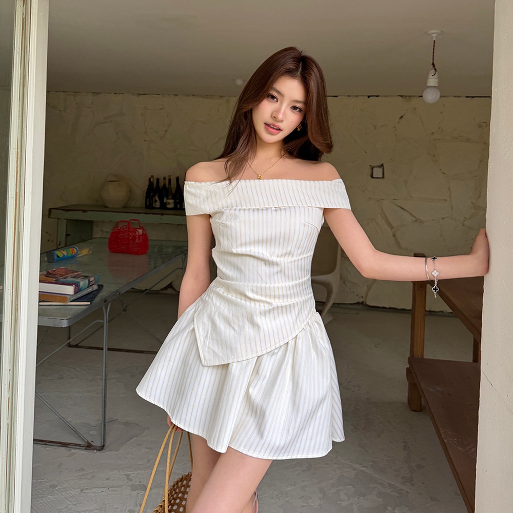 여름 여성 오프숄더 스트라이프 상의 플레어 미니 투피스 세트 - 상세 이미지 3