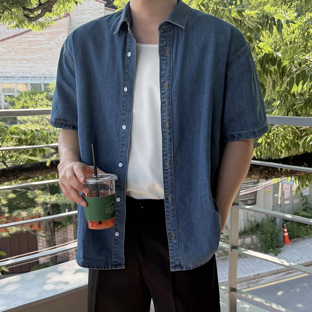 남자 르샨 오버핏 여름 워싱 데님 반팔 셔츠 빅사이즈까지 이미지 8