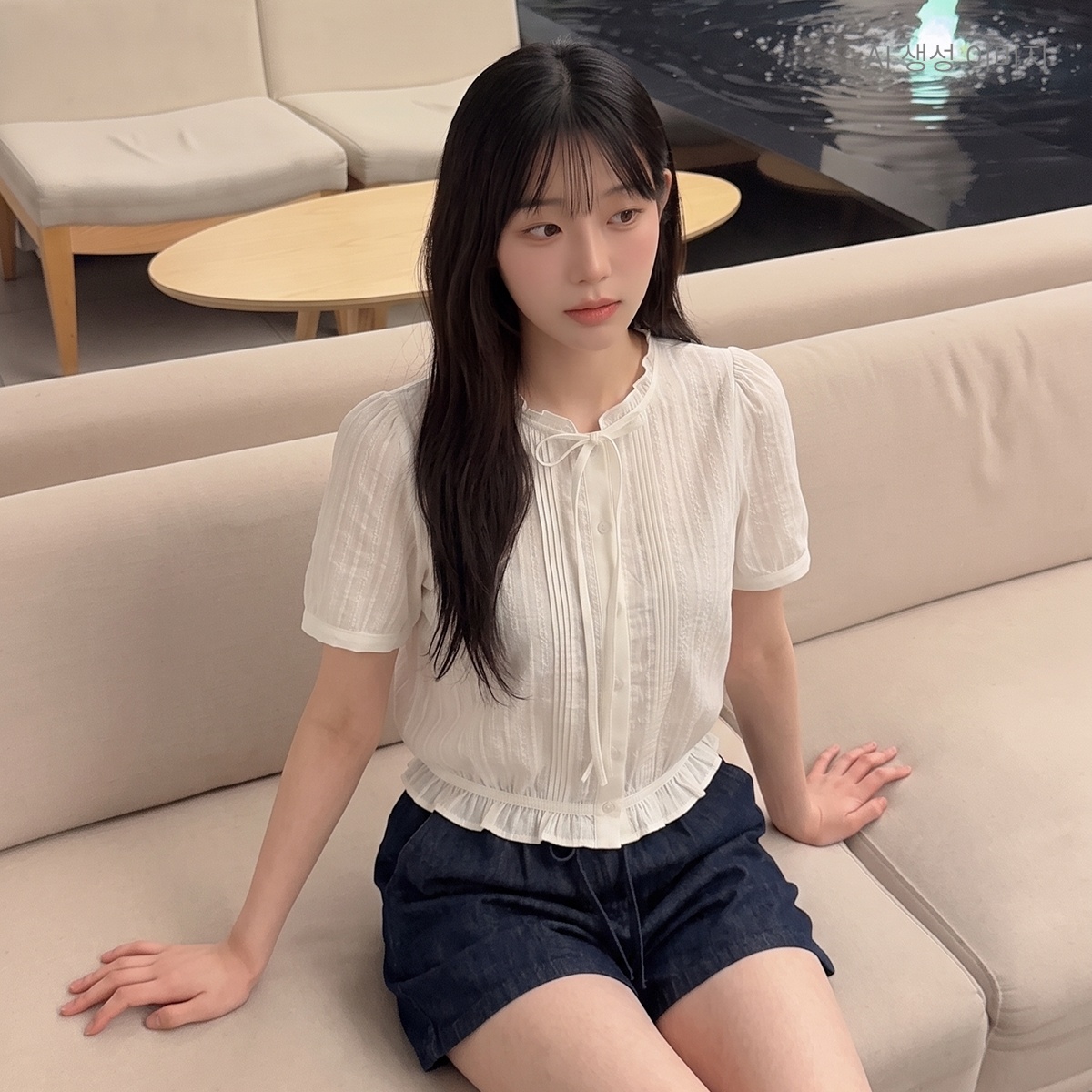 로엠 프릴넥 코튼 반팔 블라우스 RMBLG26RT4 - 상품 이미지